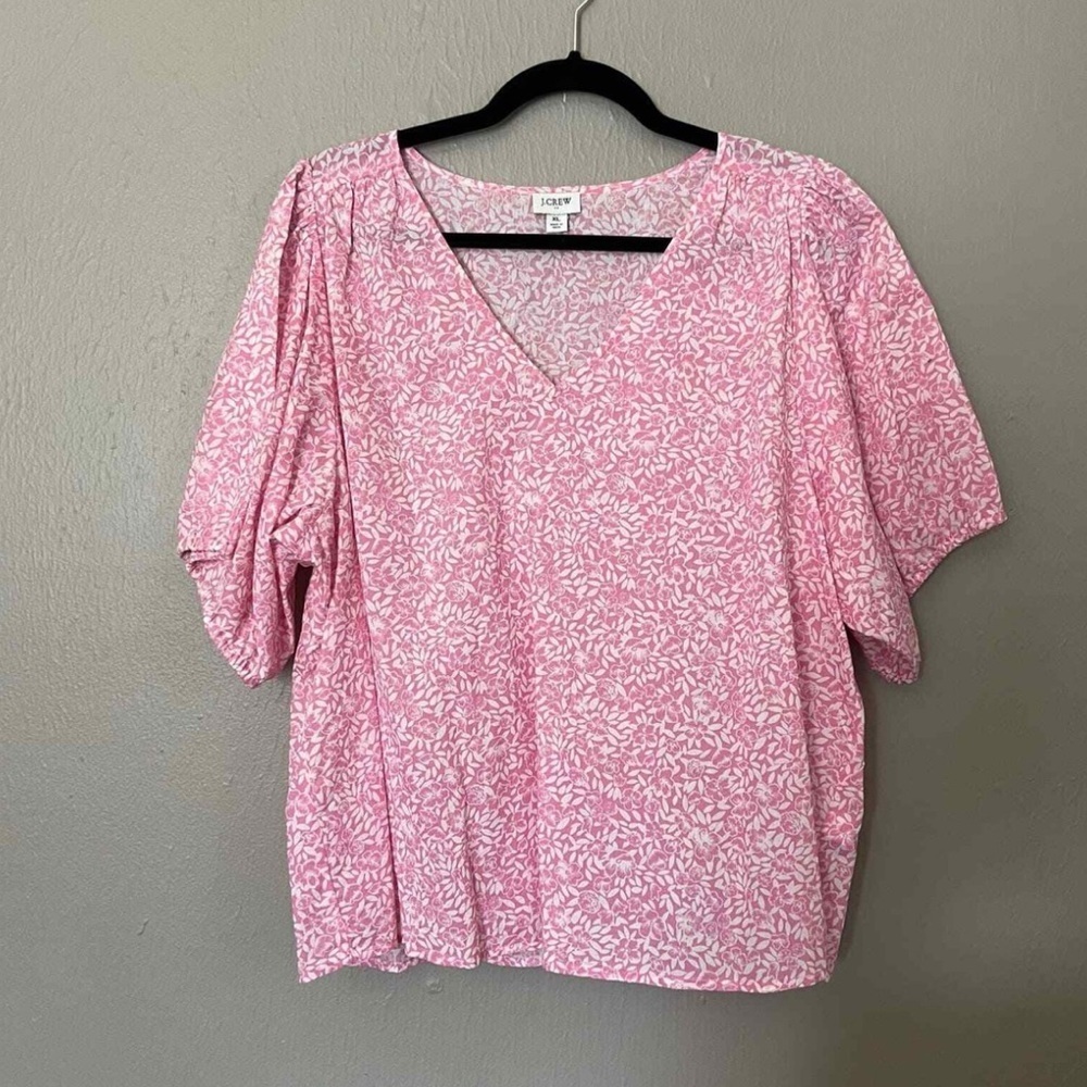 J Crew Size Large Pink & White Fabric Floral Puff sleeve Blouse Cotton